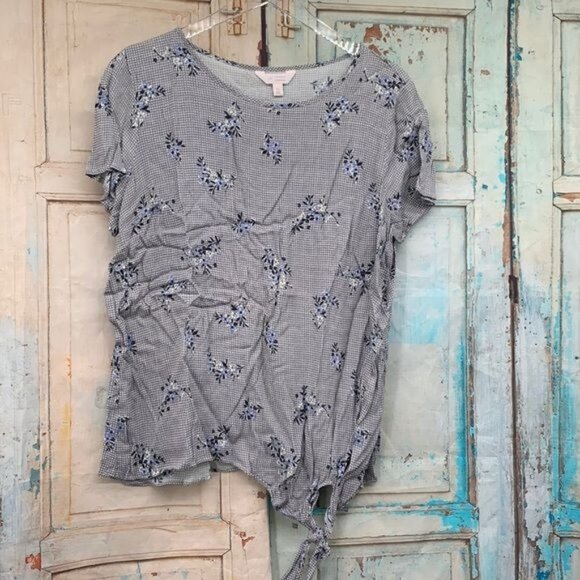 Lauren Conrad Blouse XL Gray White Check Print with Floral Gauze Rayon Short Sle - Picture 1 of 6